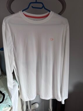 OP Long-Sleeve Performance / beach / water Tee — White with Coral Accent